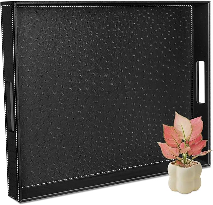 Ranslen Serving Tray with Handles, 20 x 16 Inch Ottoman Tray for Coffee Table, Breakfast, Kitchen Home Black Tray Decor Extra Large, Rectangular