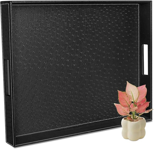 Ranslen Serving Tray with Handles, 20 x 16 Inch Ottoman Tray for Coffee Table, Breakfast, Kitchen Home Black Tray Decor Extra Large, Rectangular