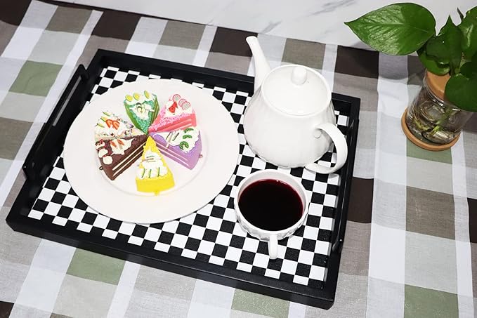 MCBZ Living Room Coffee Table Decorative Tray, Food Service Tray, Leather Ottoman Tray,with Metal Handles 16.5 x 12.6 in (Black and White Grid)