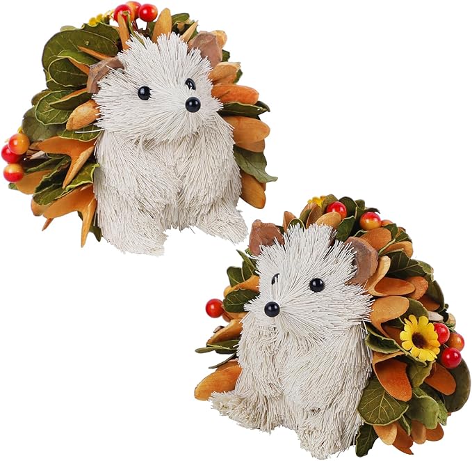 Glintoper Fall Decoration for Home, 2 Pack Thanksgiving Straw Hedgehog Figurine with Woodchip, Harvest Autumn Gifts Shelf Sitters, Tabletop Centerpieces Woodland Animal for Kitchen Office Decor