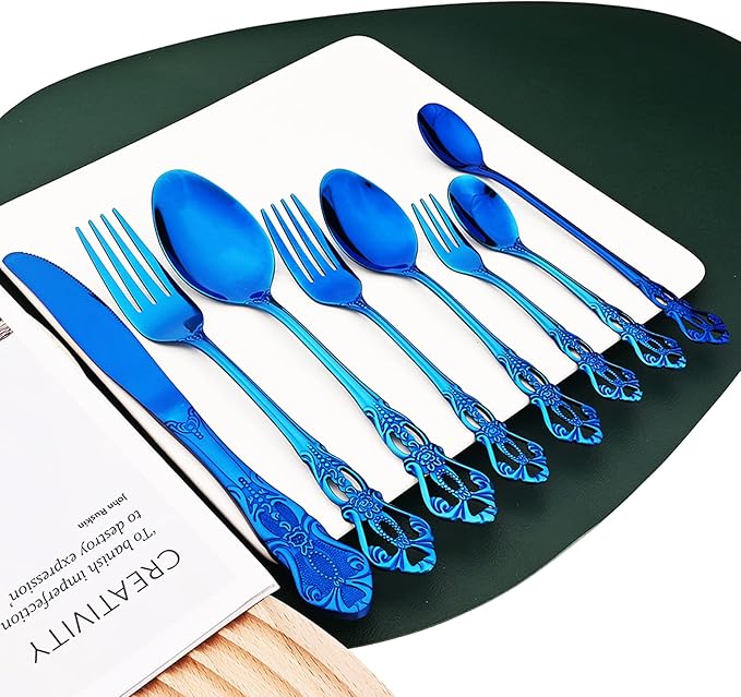Elegant Blue 30 Piece 6 Set Stainless Steel Flatware Set with Steak Knives, Mirror Polished Dishwasher Safe