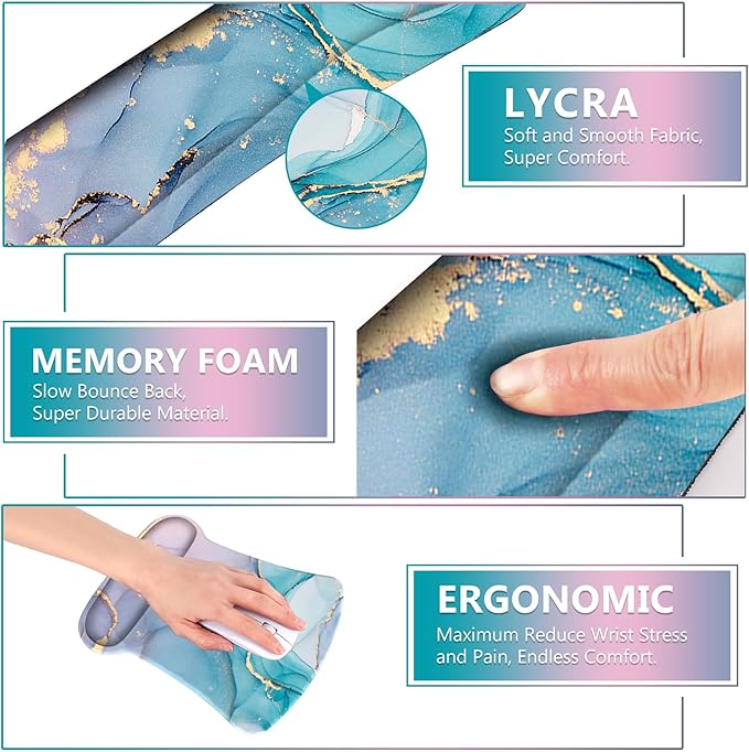AIMSA Mouse Pad Wrist Support Set Keyboard Wrist Rest, Ergonomic Memory Foam Non-Slip Base Easy Typing Pain Relieve for Computer Laptop Home Office, Green Purple Marble