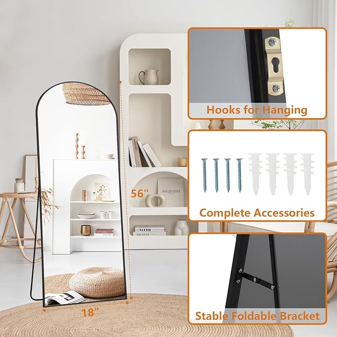 56"x18" Arched Full Length Mirror, Free Standing Mirror Full Length Made of Tempered Glass, Black Floor Mirror for Bedroom Living Room Gym Dorm