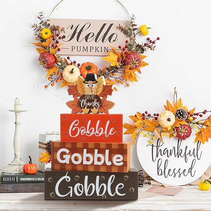 4 Pcs Thanksgiving Fall Tiered Tray Decor Fall Tabletop Decor Turkey Wooden Signs Thanksgiving Centerpiece Rustic Wood Turkey Block Sign Wood Farmhouse Vintage Ornaments for Home Kitchen Mantel