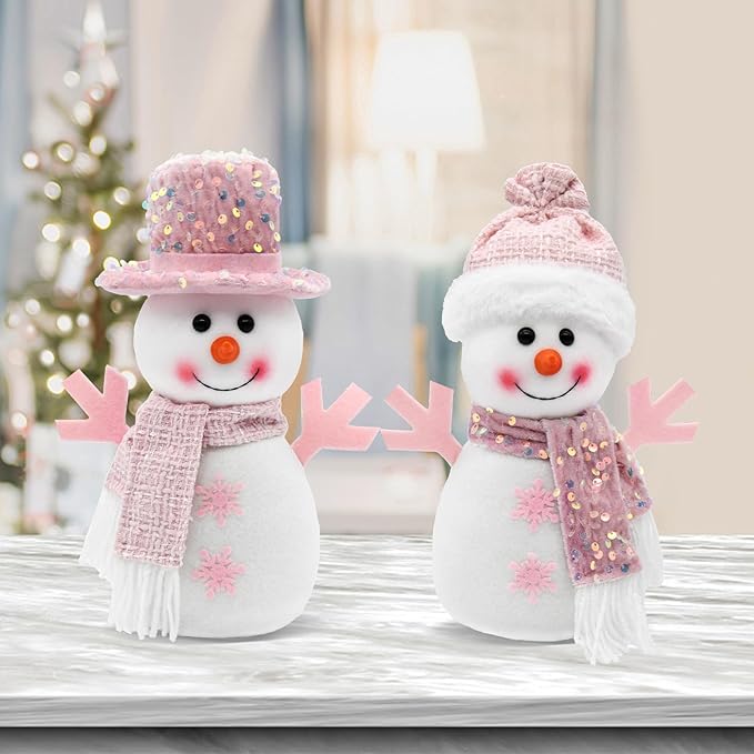 Pink Christmas Snowman Decor Indoor, 2Pcs Pastel Snowman Plush Room Decor, Winter Christmas Ideas Winter Table Centerpiece Shelf Tiered Tray Mantel Display