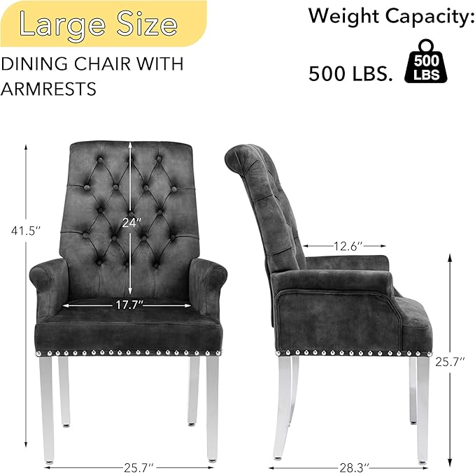 AODCHR Upholstered Velvet Accent Dining Chair, Elegant Tufted Dining Room Kitchen Room Arm Chair with Stainless Steel Leg, Dark Grey