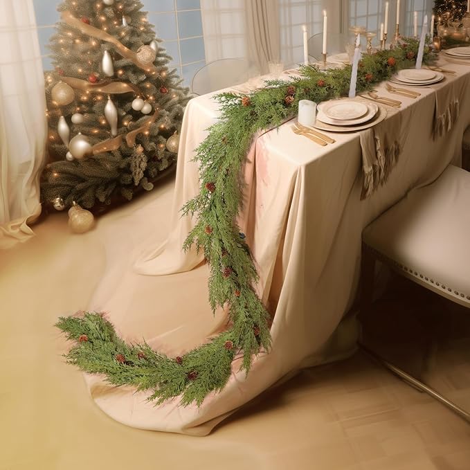 WBHome 2pcs Real Touch Cypress Cedar & Pine Cone Evergreen Garland for Christmas Holiday Seasonal Outdoor/Indoor Home Decor, 9FT Long