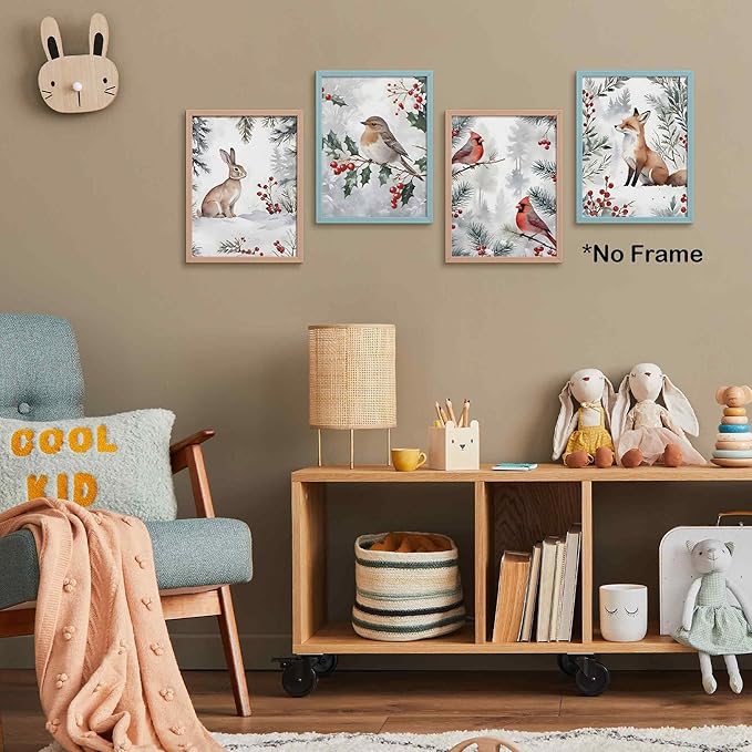 TLESKE Winter Christmas Woodland Animals Posters Prints Unframed Set of 4 for Home Bedroom Living Room Nursery, Snowy Forest Jungle Wall Art Prints Decor, Hare Rabbit Bunny Fox Birds Cardinal Wall Pictures, 12x16
