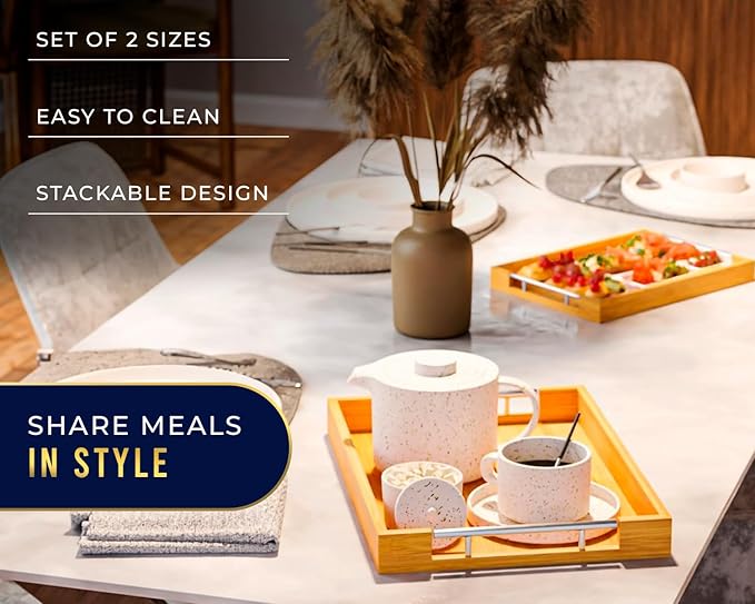 Set of 2 Decorative Serving Trays - Bamboo + Silver Stainless Steel Handles - Coffee Table or Ottoman Tray for Breakfast in Bed Jewelry, Decor Organization - 12"x17" - Pure Bamboo Finish