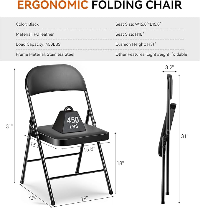 6 Pack Folding Chairs with Paded Cushion - Metal Chair with Sturdy Steel Frame 450lb Capacity and Comfortable Seat Heavy Duty Foldable Chair for Indoor/Outdoor Party, Wedding, Event(Black)