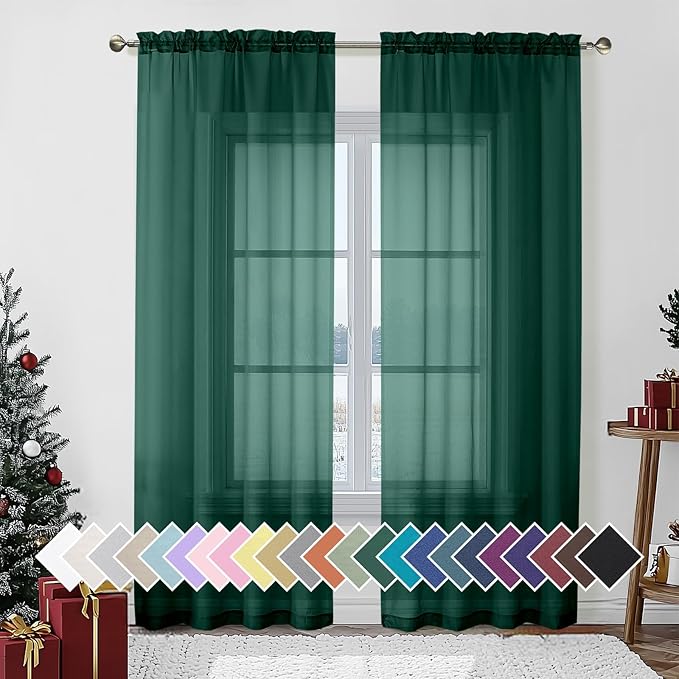 Aiyufeng Hunter Green Sheer Curtain Drapes 84 Inch Length 2 Panels for Living Room, Light Filtering Voile Green Drapes for Bedroom, Patio, Sliding Door, Each 40" W x 84" L