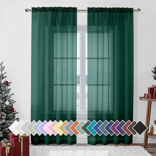 Aiyufeng Hunter Green Sheer Curtain Drapes 84 Inch Length 2 Panels for Living Room, Light Filtering Voile Green Drapes for Bedroom, Patio, Sliding Door, Each 40" W x 84" L