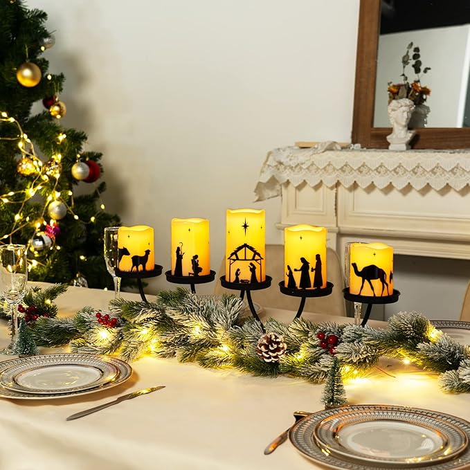 Homemory Flameless Christmas Nativity Scene Candles, Battery Operated LED Pillar Religion Candles, Nativity Sets Indoor Outdoor Decor for Xmas Holiday Home Decor, Remote Timer, Christmas Decor, 5 Pack