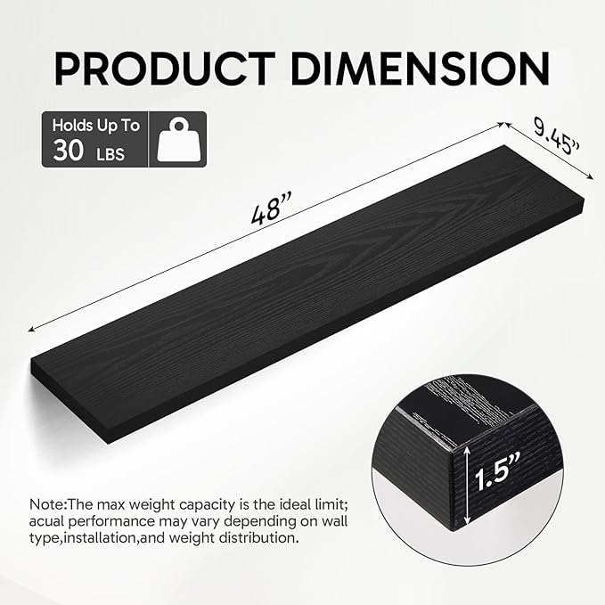 BAYKA Floating Shelves, 48 inch Wall Mounted Rustic Wood Shelves for Bathroom, Bedroom, Living Room, Kitchen, Office, Hanging Shelf for Books/Storage/Decor(Black,Set of 2)
