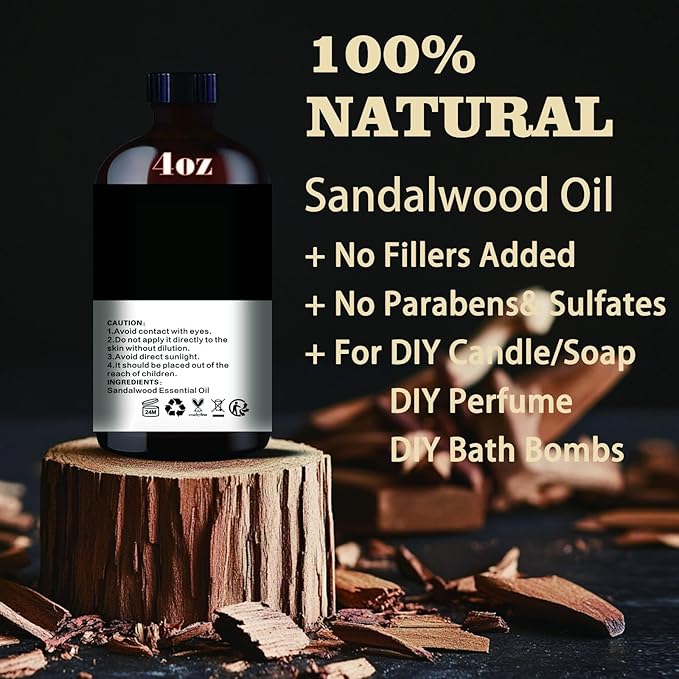 Sandalwood Fragrance Oil-Sandalwood Essential Oil 4.33oz (130ml)-100% Pure Natural Scent for Diffusers, Candles, Soap Making & Aromatherapy-Relaxing Home & Gift Essential Oil for Bath, Massage