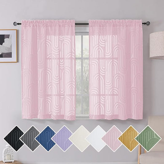 Simplebrand Blush Pink Sheer Curtains 54 Inch Length 2 Panels, Geometric Mid Century Jacquard Clip Textured Short Curtains Sheer for Bedroom, Light Filtering Rod Pocket Curtains, 42Wx54L Inches