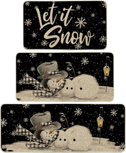 Artoid Mode Let It Snow Snowflake Snowman Light Christmas Decorative Kitchen Mats Set of 2, Home Party Low-Profile Kitchen Rugs - 17"x29"+17"x36"+17"x47"