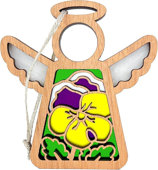 Pansies Gifts for Women - Pansy Christmas Ornament - Yellow Purple Flower Suncatcher - Memorial Angel Figurine - 3.5" (H)