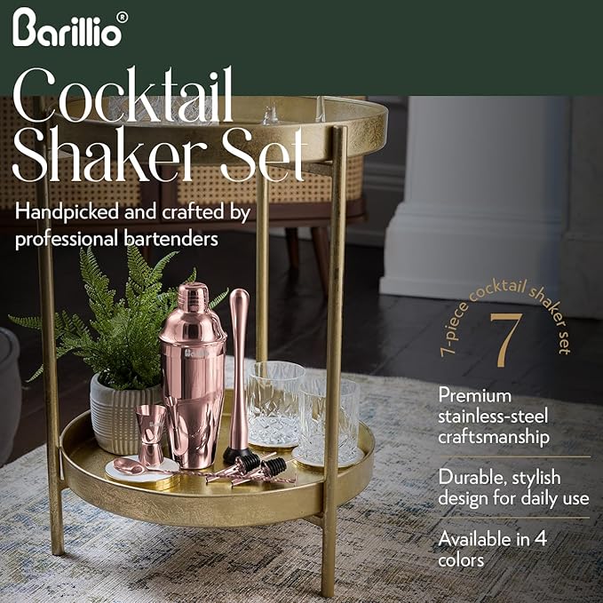 Barillio Rose Gold Mixology Bartender Kit - 8 pcs Stainless Steel Travel Cocktail Shaker Set with Bag - Copper Bar Tools Set | Martini Shaker, Drink Mixer Spoon & Mojito Muddler, Pourers & Jigger