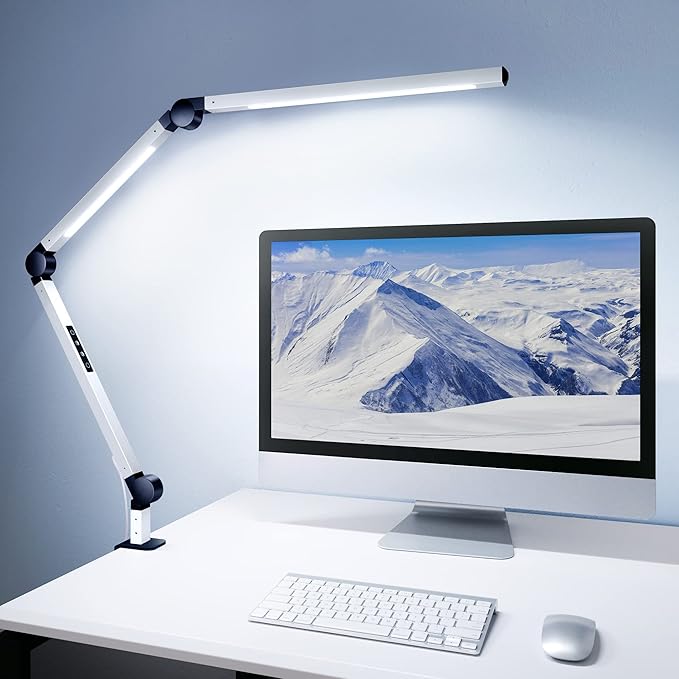 MediAcous LED Desk Lamp with Clamp, Dual Light Desk Lamp with Swing Arm, Dimmable 4 Color Modes & 4 Brightness Table Lamp, Eye-Caring Clip-on Lamp with Memory Function for Home Office, White