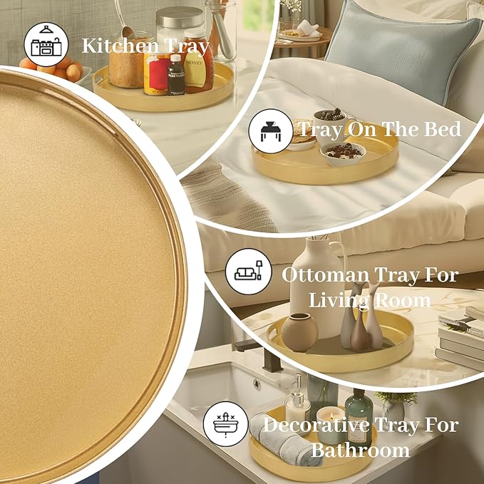 MAONAME 13" Gold Round Decorative Tray for Coffee Table, Modern Serving Tray with Handles, Plastic Ottoman Trays, Bathroom Decor