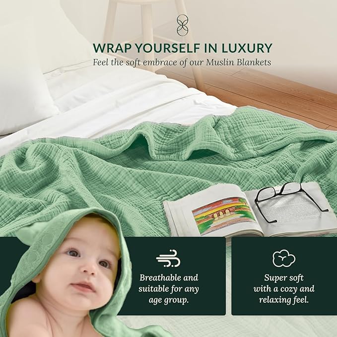 Cloud Scape Linen Extra Large 4 Layer Muslin Throw Blanket - 100% Cotton Gauze, Lightweight & Breathable All Season, Pre-Washed, for Couch & Bed, 50x70, Olive Green