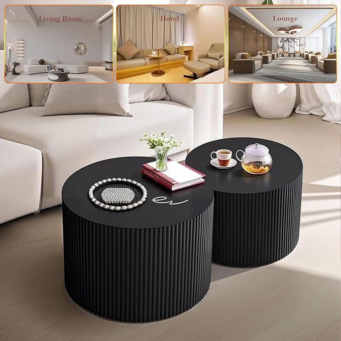 Black Round Fluted Coffee Table Set of 2 - Handcraft Embossed Design, Stylish Combination Center Drum Table for Living Room - No Assemble Needed (D-18.9IN+15IN)