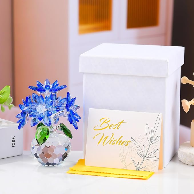 Enjinkail Handmade Crystal Daisy Figurine - Blue Glass Flowers Gifts for Women, Elegant Home Decor & Table Centerpiece