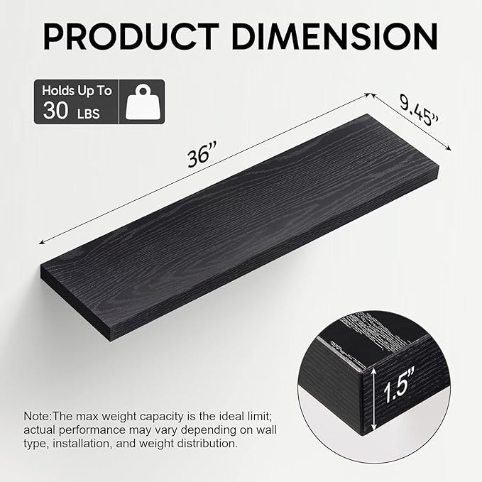 BAYKA Floating Shelves, 36 inch Wall Mounted Rustic Wood Shelves for Bathroom, Bedroom, Living Room, Kitchen, Office, Hanging Shelf for Books/Storage/Decor(Black,Set of 2)