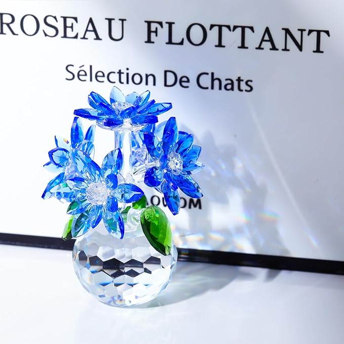Enjinkail Handmade Crystal Daisy Figurine - Blue Glass Flowers Gifts for Women, Elegant Home Decor & Table Centerpiece