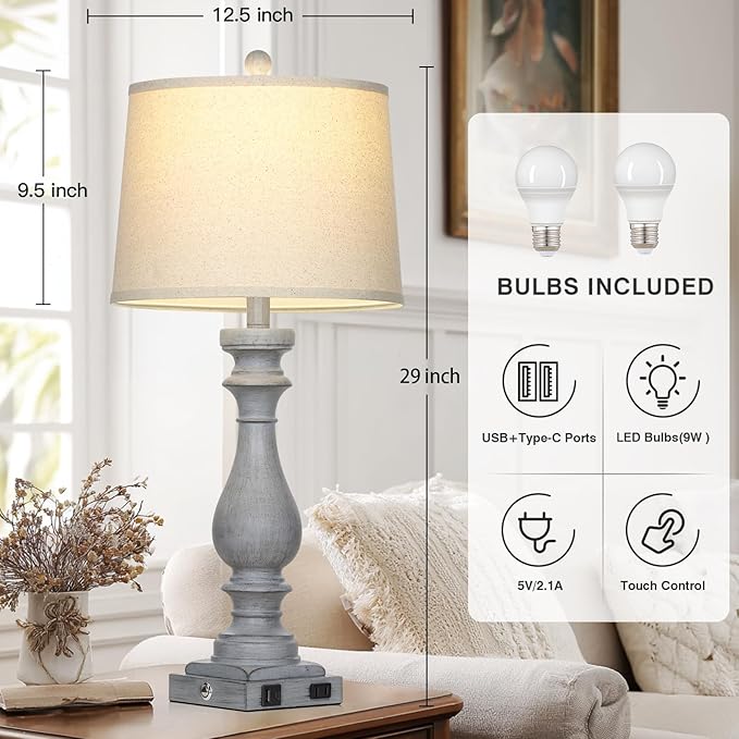 29" Tall Farmhouse Table Lamp for Living Room Set of 2,Vintage Retro Nightstand Lamps with USB C+A Ports & AC Outlet,3-Way Dimmable Touch Bedside Lamp for Bedroom Side Table,Light Grey