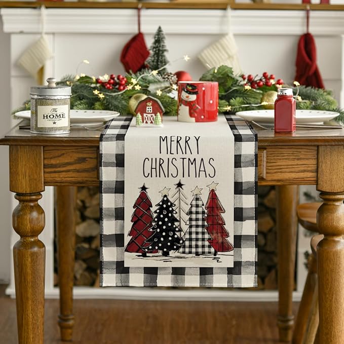 Artoid Mode Waterclor Buffalo Plaid Christmas Trees Merry Xmas Table Runner, Seasonal Winter Holiday Kitchen Dining Table Decoration for Indoor Outdoor Home Party Decor 13 x 120 Inch