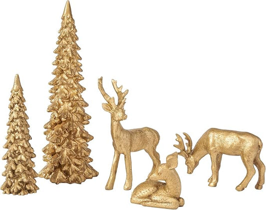 DN DECONATION Christmas Reindeer and Tree Decor – Set of 5 Gold Xmas Reindeer with Christmas Tree Statues – Vintage Resin Woodland Forest Animals Deers for Table Mantle, Indoor Winter Decor