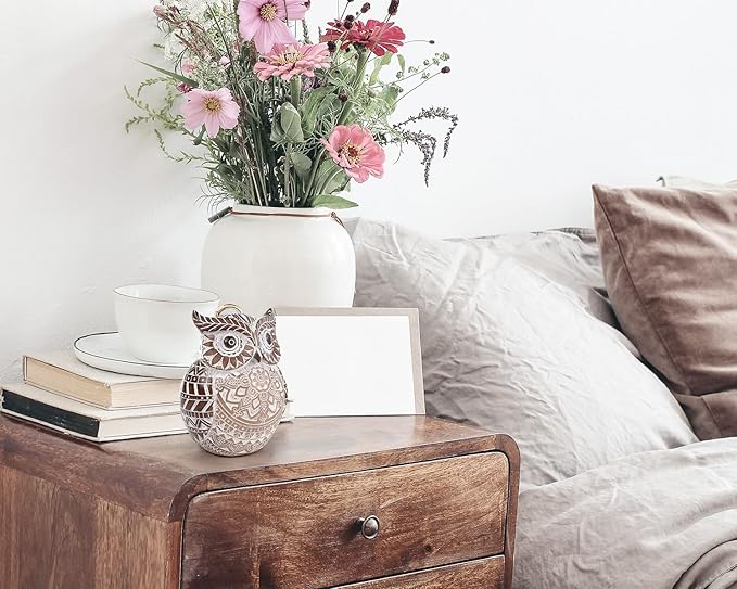 Adorable Owl Figurine for Shelf or Tray - Cute Chubby Owl Figurine Boho Decor for Shelf Desktop Cabinet Fireplace Mantel Bathroom Decor Accents