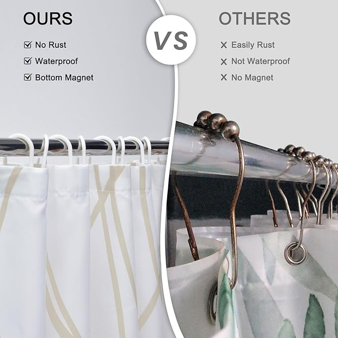 Punkray Beige Khaki Shower Curtain for Bathroom with Hooks, Extra Long Shower Curtain Set Stripe Bath Curtains Decorative White Shower Curtains Weighted Hem Water Repellent Washable, 54 x 72