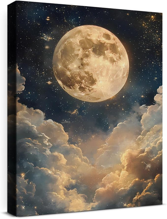 Aesthetic Celestial Moon Wall Art Decor Night Sky Moon Dark Academia Canvas Print Poster Framed Picture Painting for Home Living Room Bedroom Wall Decor 11x15 Inch