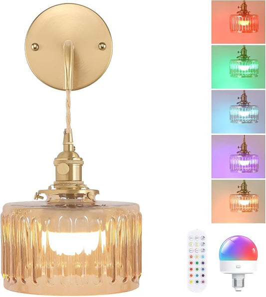 Battery Operated Wall Sconce with Amber Striped Shade Pattern Glass Adjustable Chain Retro Gold Wall Mounted Light, Modern Wall Lamp Fixtures Decor for Bedside Bedroom Indoor Doorway