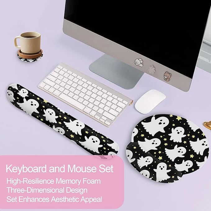 Halloween Ghosts Keyboard Wrist Rest Pad Mouse Pad Set,Ergonomic Mousepad Wrist Support Memory Foam Desk Pad for Gaming Office,Non-Slip Rubber Base Easy Typing for Home Office Computers