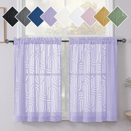 Simplebrand Sheer Lavender Curtains Kitchen 36 Inch Length 2 Panels Set for Window, Soft Airy Geometric Jacquard Semi Sheer Curtains for Bathroom, Modern Rod Pocket Window Curtains, 42Wx36L Inches