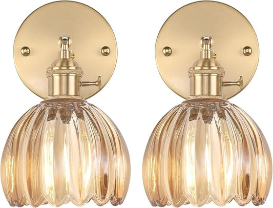 Vintage Wall Sconces Set of 2 with Cute Amber Tulip Glass Lampshade 180 Degree Adjustable Brass Sconces Hradwired Modern Wall Lighting Fixture with Switch for Bedside Bedroom Doorway