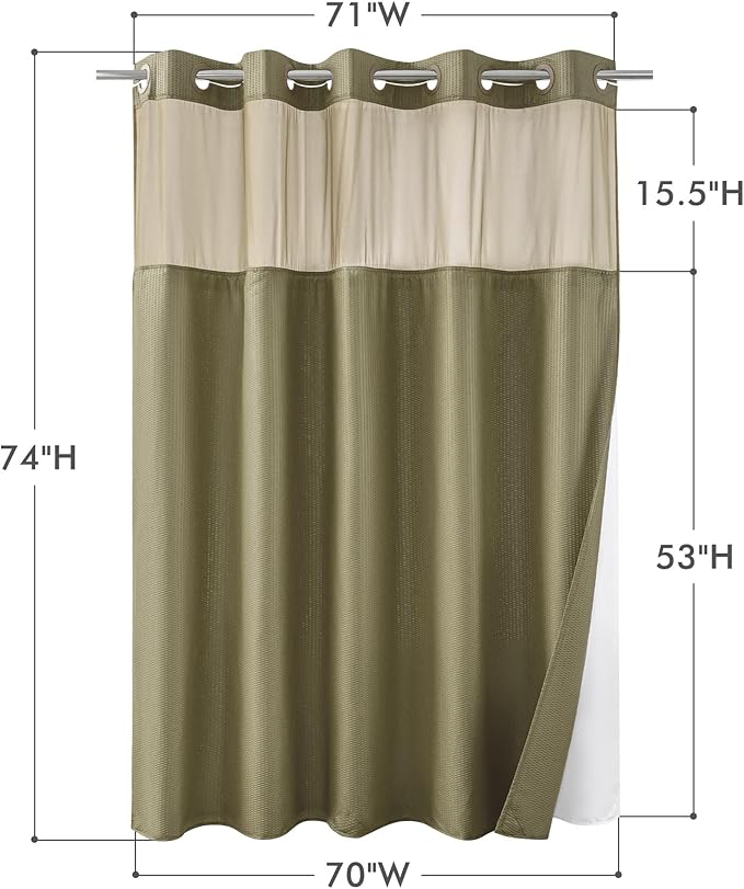 Mrs Awesome No Hook Shower Curtain with Snap-in Liner, Embossed Waffle Design Fabric Shower Curtain for Bathroom, Soft & Lightweight, 71x74, Taupe