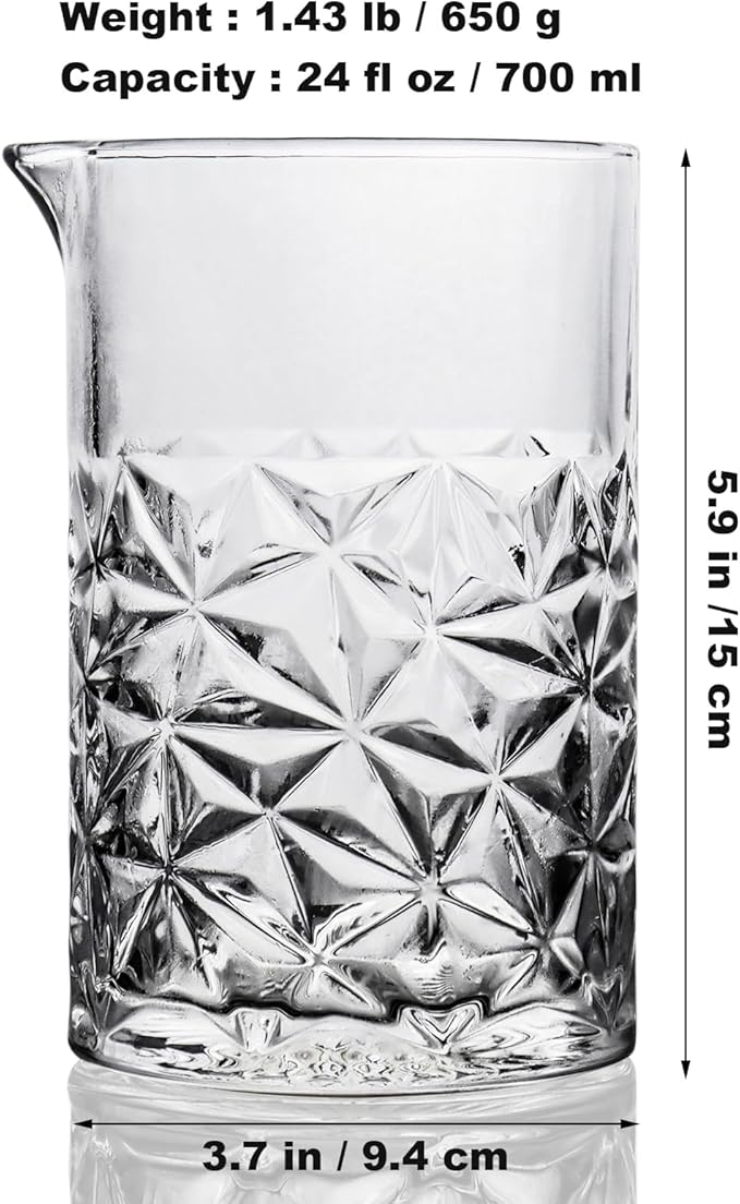 Cocktail Mixing Glass Kit, 24 OZ Crystal Stirring Glass with Stainless Steel Bar Tools – 2 OZ 1 OZ Jigger, Muddler, Strainer, Spoon, Recipe – Bartender Gifts for Men, Elegant Barware for Home & Party