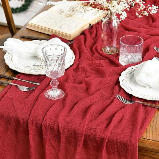 Artoid Mode Boho Cheesecloth Gauze Red Wedding Table Runner, 120 Inch Seasonal Christmas Fabric Kitchen Dining Holiday Table Decor for Home Party Indoor
