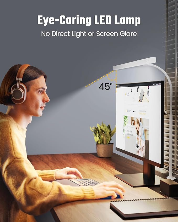 SUPERDANNY LED Desk Lamp for Home Office, Eye-Caring Desk Light with Adjustable Gooseneck, 12W Touch Control Dimmable Brightness, Architect Clamp Lamp with USB Adapter, White