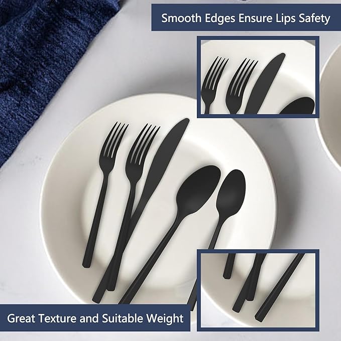 Cubic Matte Black 20-Piece Silverware Set, Forged Stainless Steel Flatware, Matte Finish Modern Cutlery Set, Service for 4, Dishwasher Safe