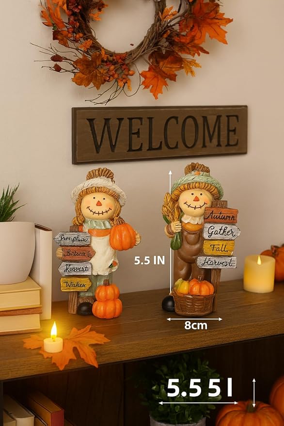 iStatue Thanksgiving Decorations Fall Scarecrow Figurines – 2 Pack 5.5‘’ Resin Harvest with Pumpkins & Signs, Autumn Home Décor Accents for Table, Shelf, Fireplace and Entryway (Beige)