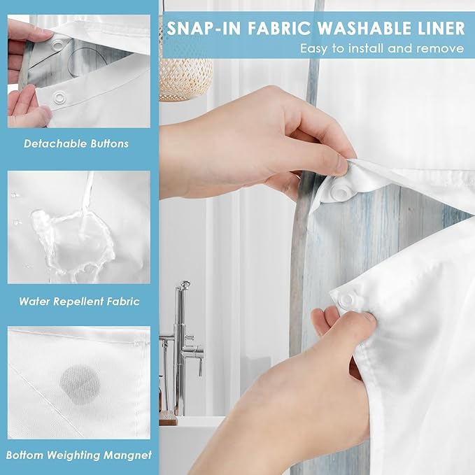 No Hook Blue Daisy Shower Curtain with Snap in Fabric Liner Set, Wooden Boards Double Layers Waterproof Fabric with See Through Top Window Open Grommet Bath Curtain 54x80 Inch