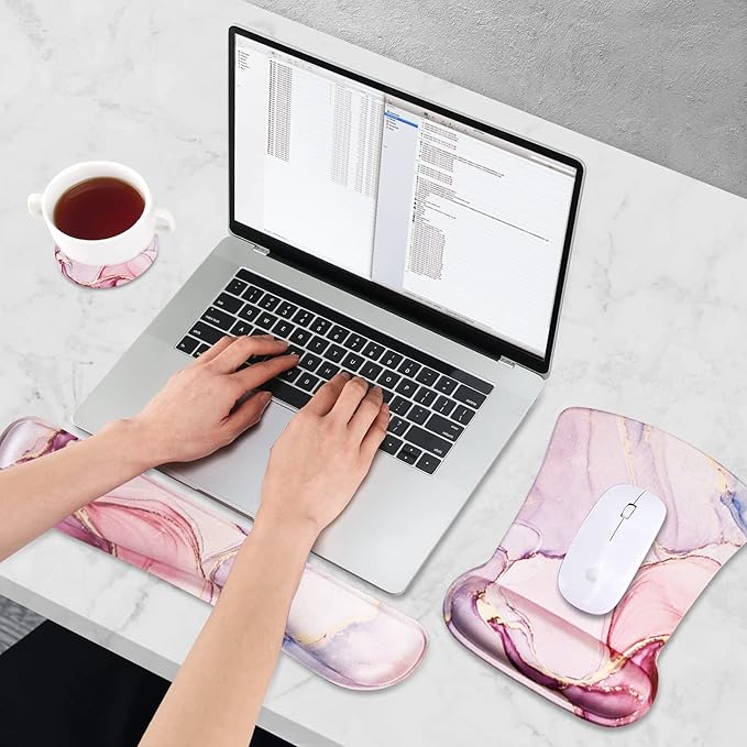 AIMSA Ergonomic Keyboard Wrist Rest and Mouse Pad with Wrist Support Set, Memory Foam Non-Slip Rubber Base, for Home, Office, Easy Typing, Pain Relief, Pink Purple Marble