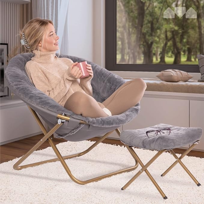 Milliard Cozy Chair with Footrest Ottoman/Faux Fur Saucer Chair for Bedroom/X-Large (Grey)