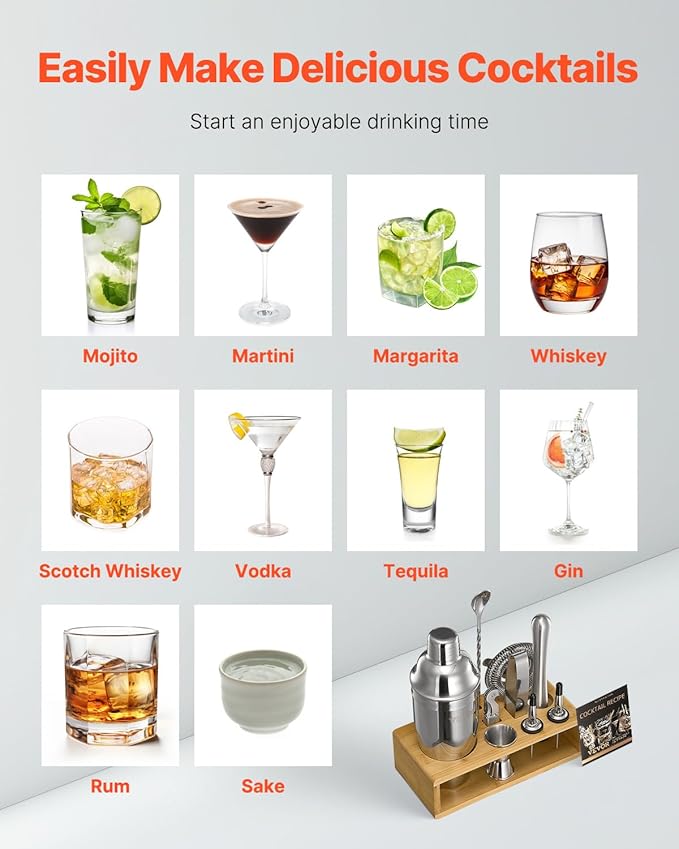 VEVOR Cocktail Shaker Set, 10-Piece Stainless Steel Bar Tools with Bamboo Stand, Martini Bartender Kit Accessories | Mixer Spoon, Muddler, Jigger, Strainer, Liquor Pourers, Ice Tong, Corkscrew, Silver